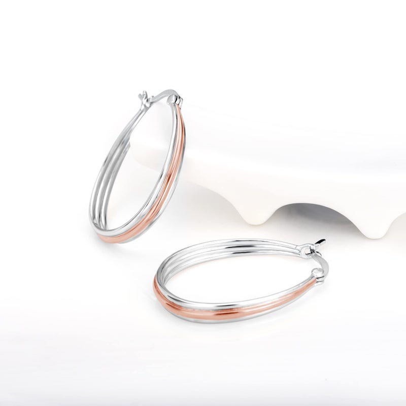 LUHE Two Tone Hoop Earrings for Women 18K Gold Plated And Silver Small Sterling Silver Oval Grooved Hoop Earrings Jewelry Gifts - Image 2